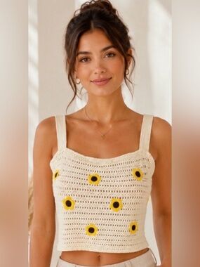 Forever 21 Cream Sunflower Crochet Knit Crop Tank Top